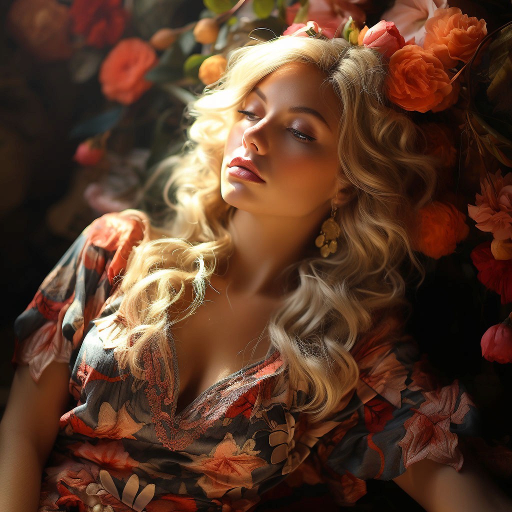 dame in bloemetjesjurk met achtergrond van bloemen