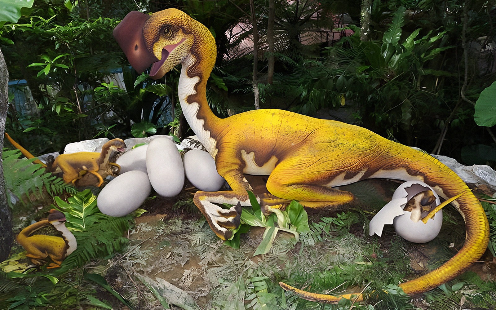 Dinosaur model with eggs in Yanbaru Subtropical Forest, Okinawa.