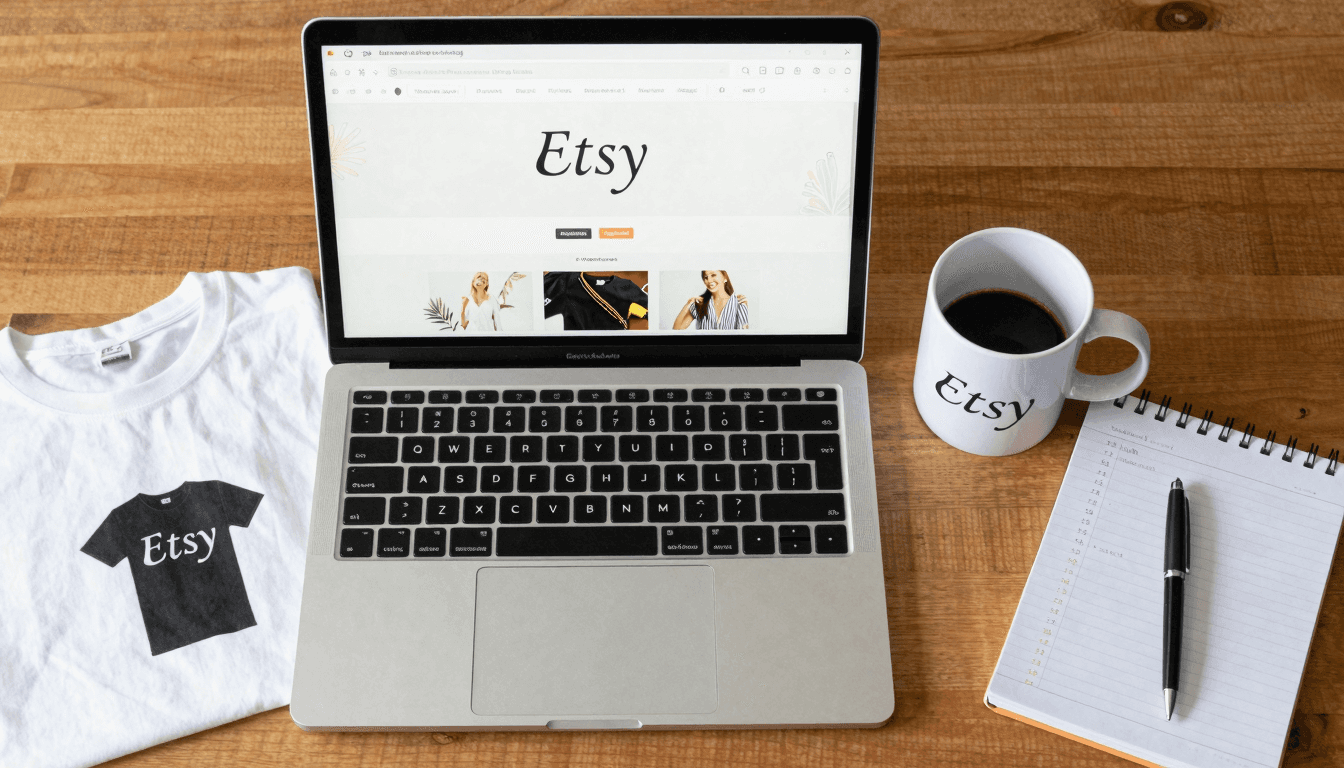 Etsy seller workspace with product samples and sales dashboard