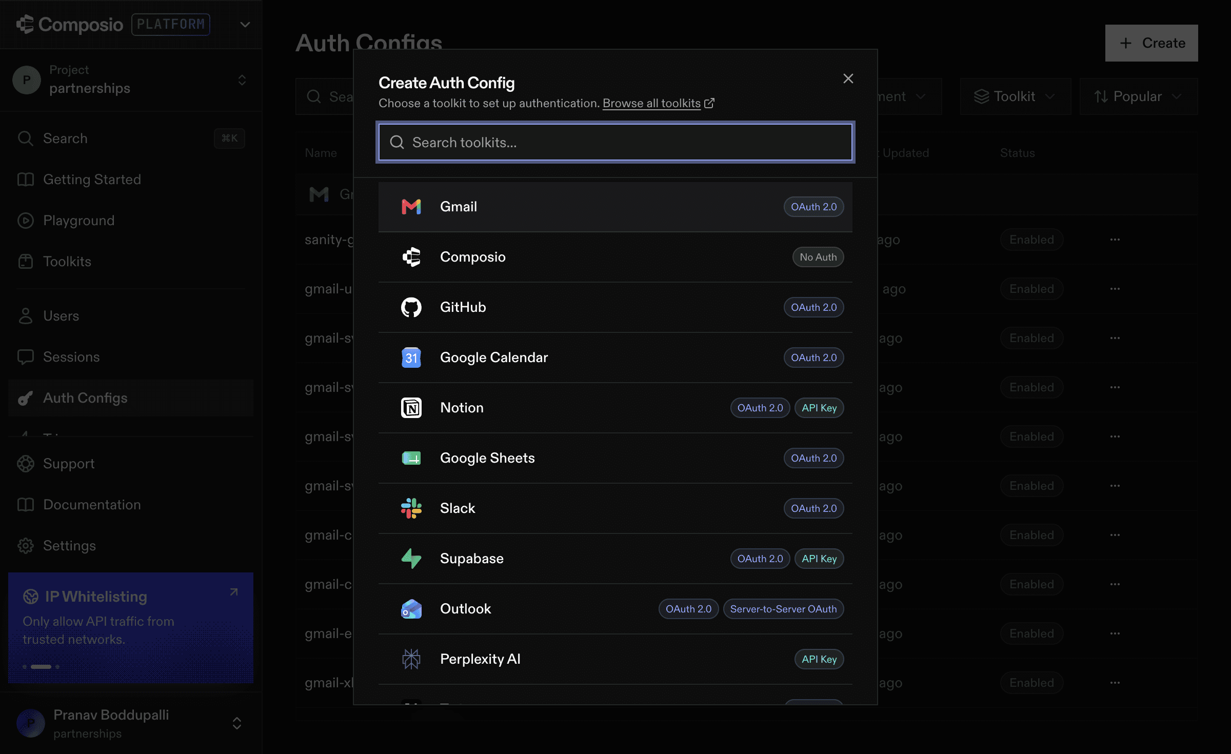 Create Auth Config — pick a toolkit
