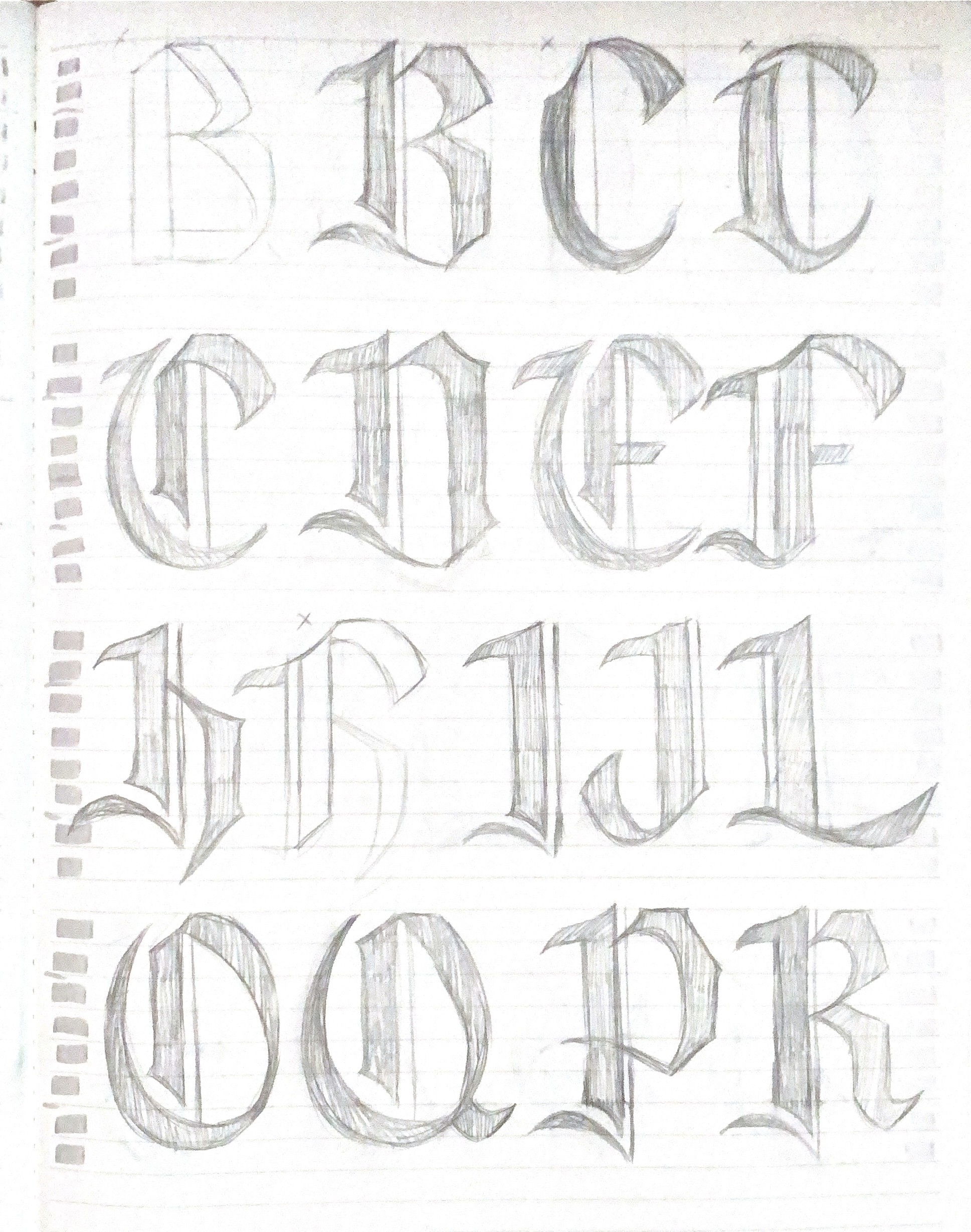 Rough sketches of uppercase blackletter letters