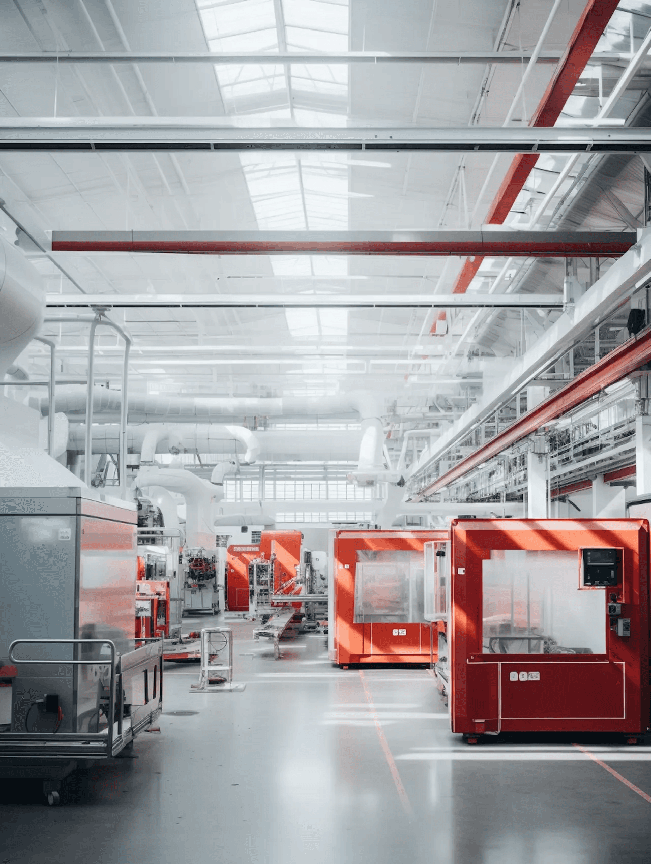 Wide view of bright factory floor with red machinery units