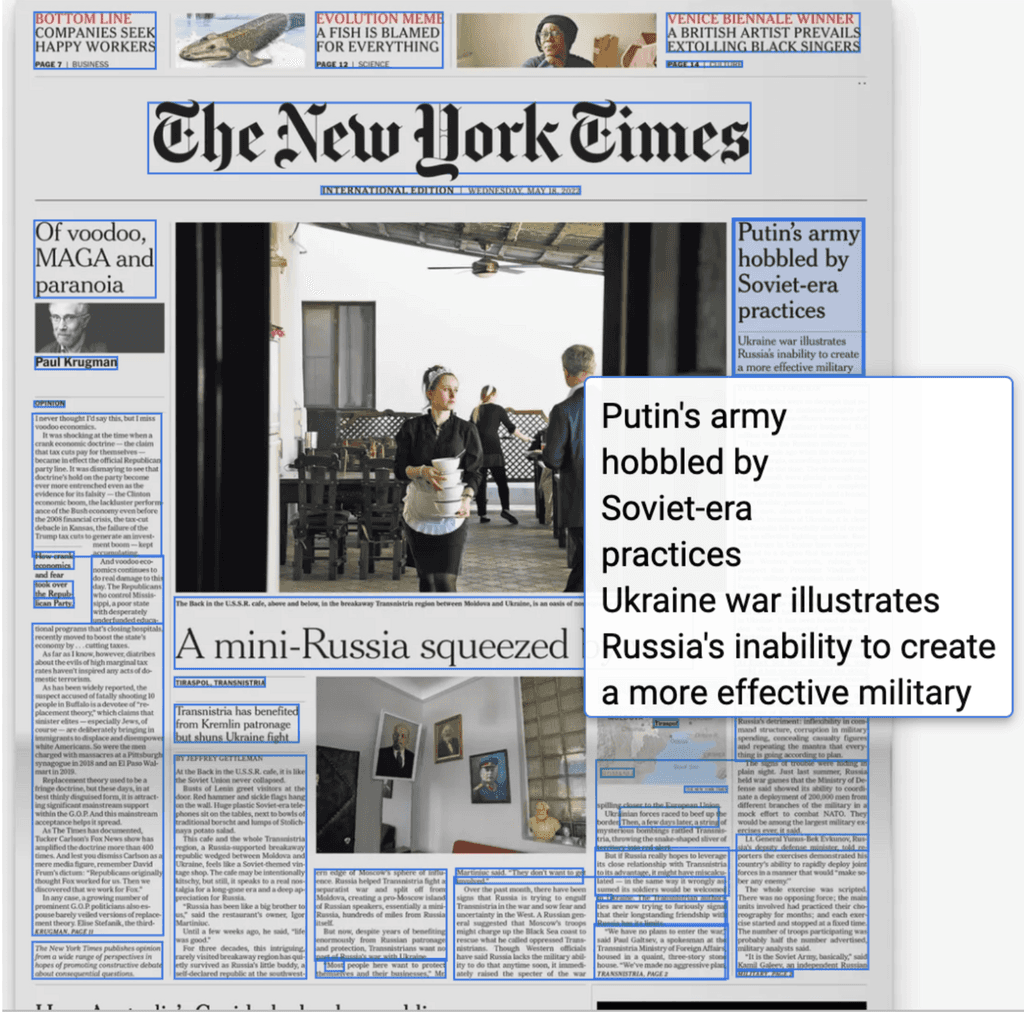 The New York Times cover with demonstration of text recognition of the article