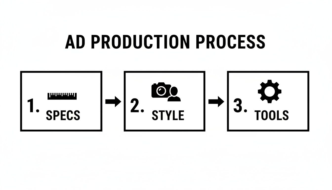 Flowchart detailing the AD PRODUCTION PROCESS: 1. Specs, 2. Style, and 3. Tools.