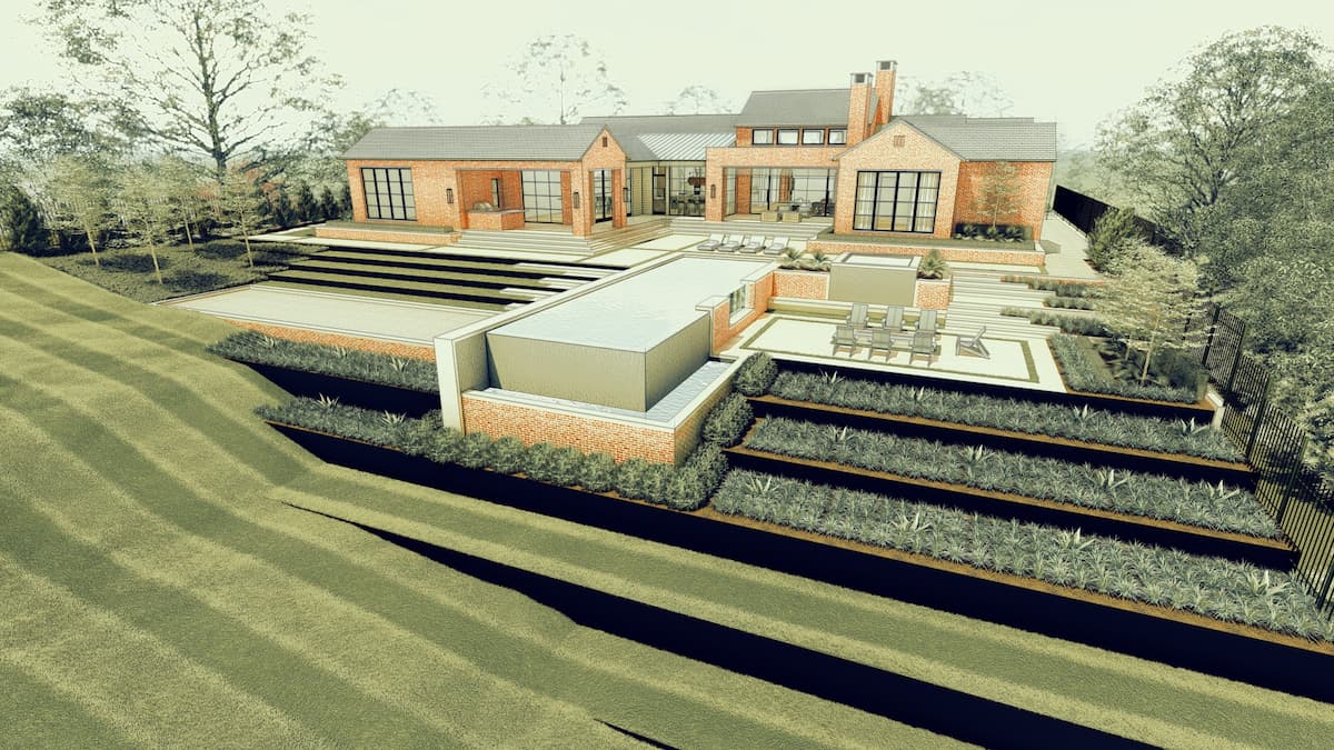 Landscape design in Forth Worth featuring retaining walls and various topography challenges.