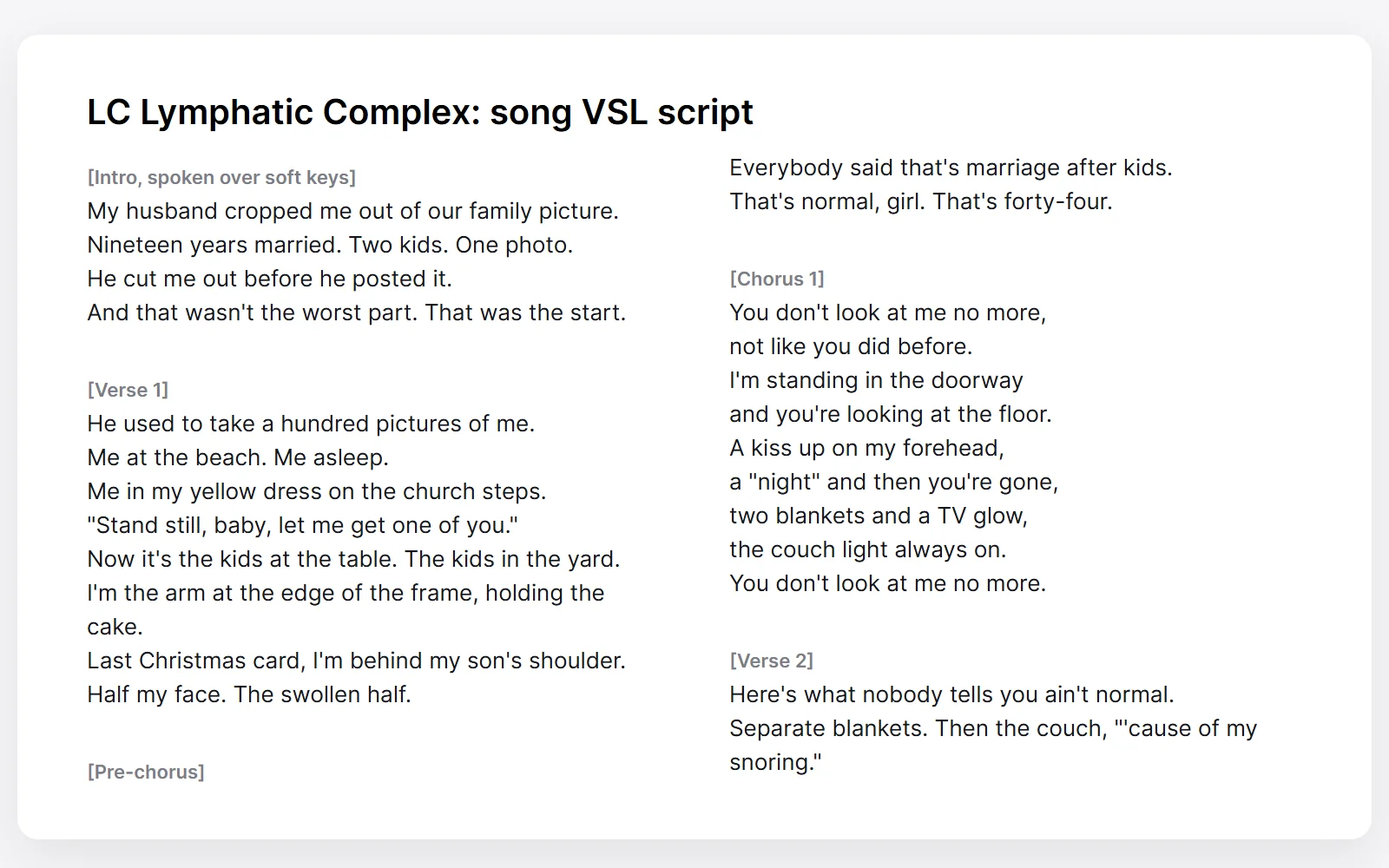 A page of the LC Lymphatic Complex song VSL script