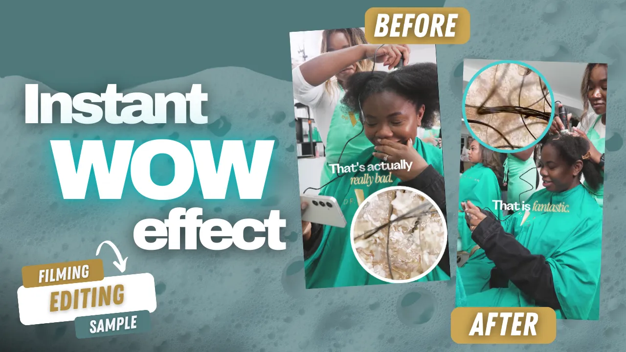 Before and after client reaction to hair care treatment – video production services in London