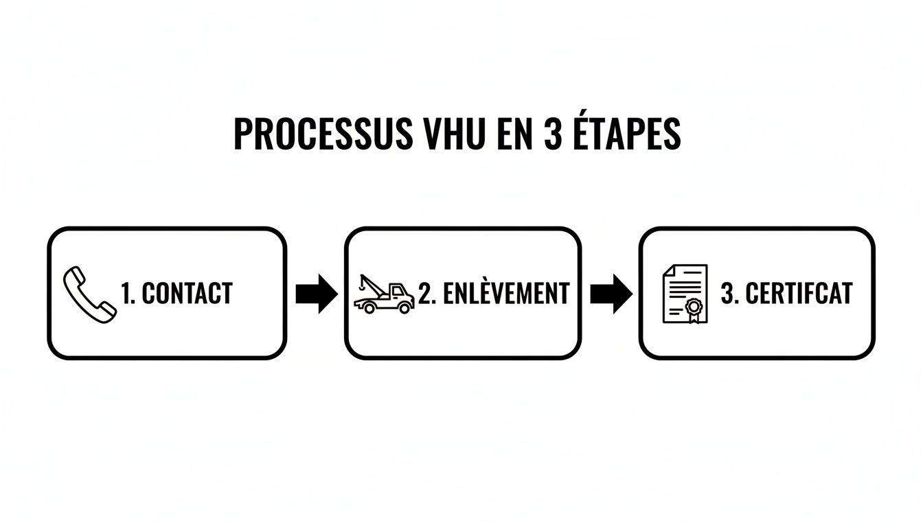 Diagramme illustrant le processus VHU en 3 étapes : contact, enlèvement du véhicule, et obtention du certificat.