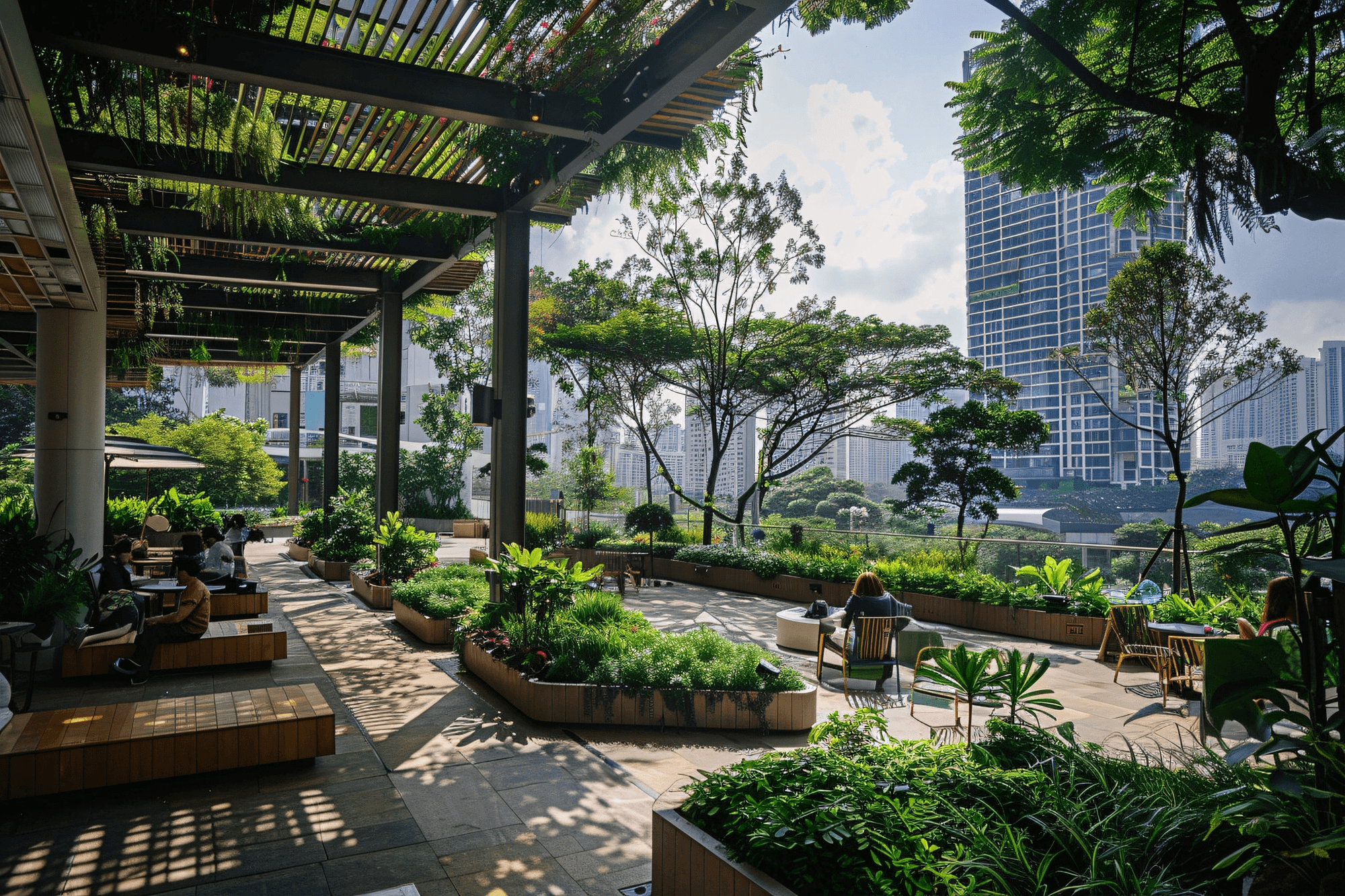 A city park featuring benches and trees, providing a green space amidst urban surroundings.
