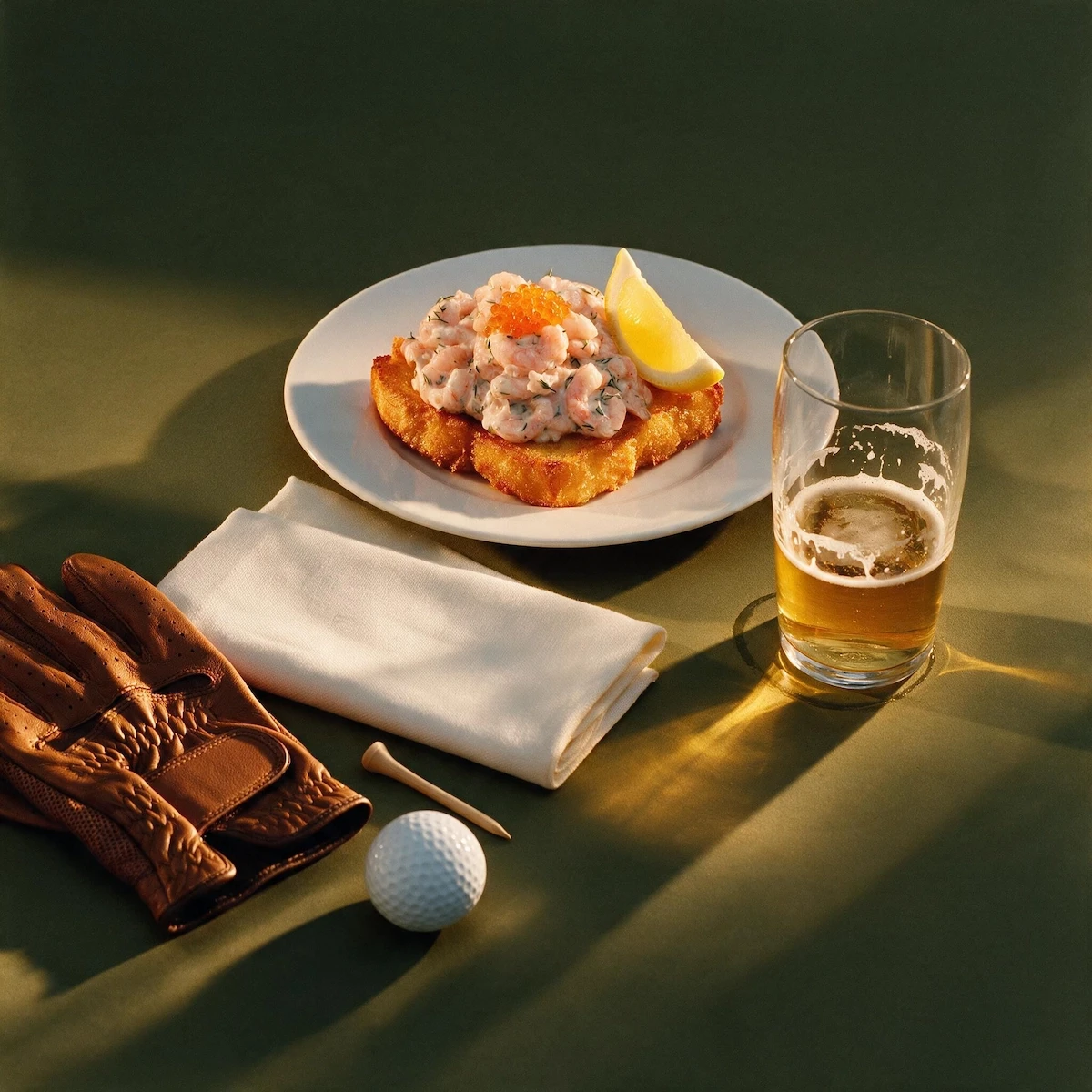 Toast Skagen and a beer on the clubhouse table, with a golf glove and a ball beside the plate