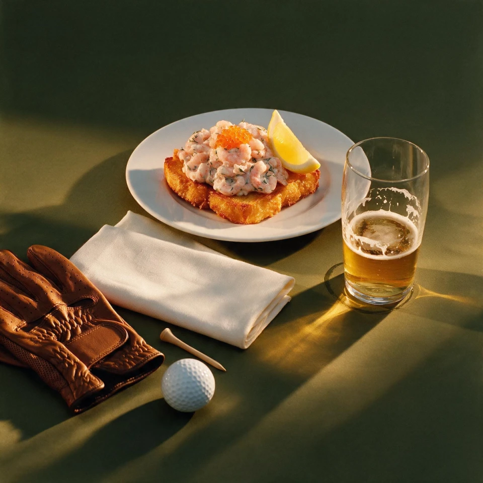 Toast Skagen and a beer on the clubhouse table, with a golf glove and a ball beside the plate