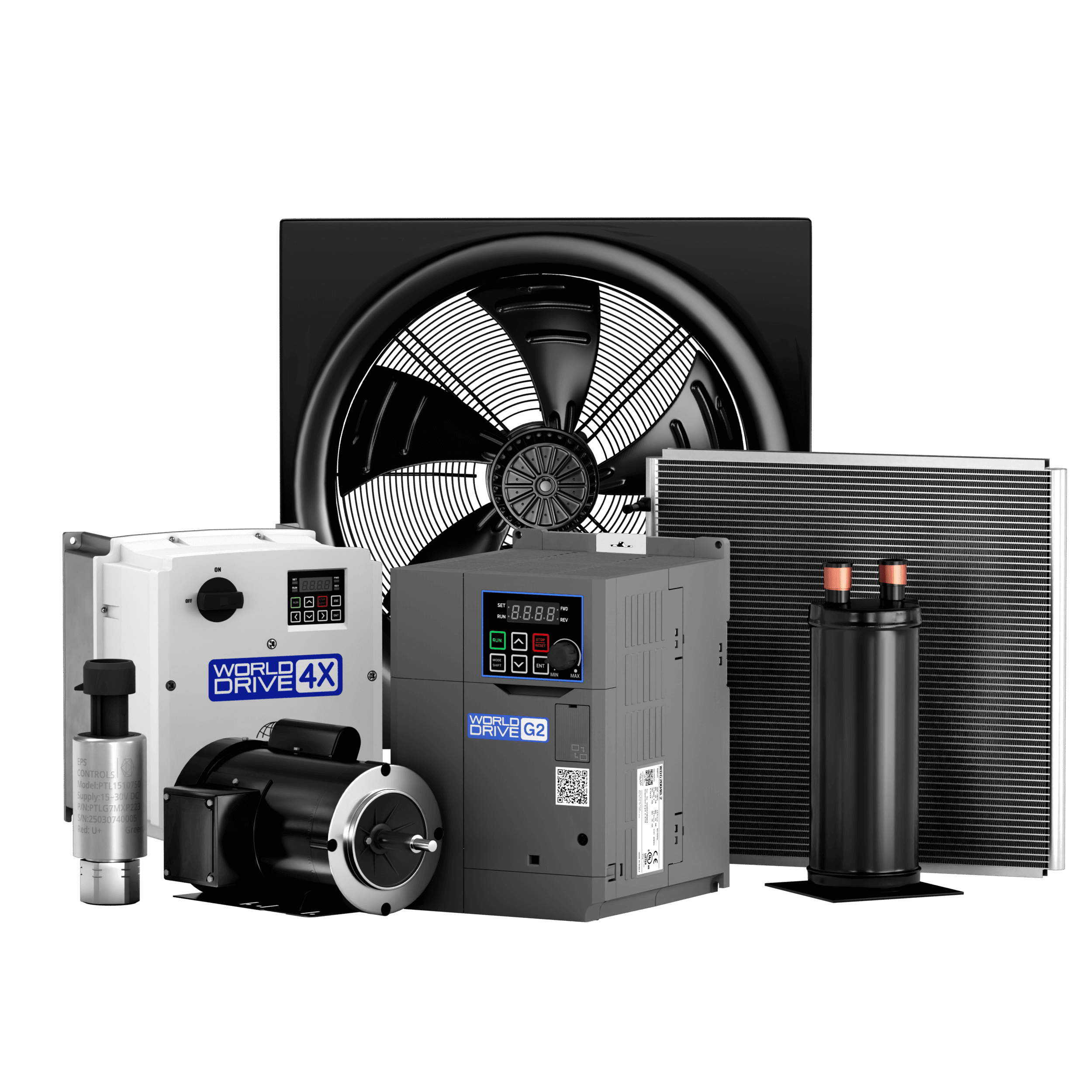 A collection of HVAC equipment including a pressure transducer, electric motor, two variable frequency drives, condenser fan motor, and a microchannel coil, arranged against a gradient sky blue background