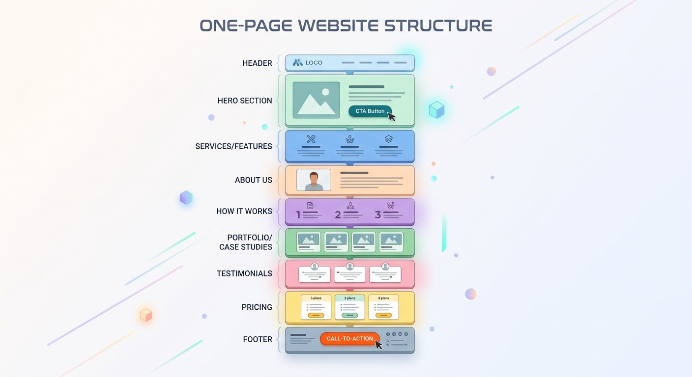 Diagram-style illustration of the ideal one page website structure as stacked section blocks