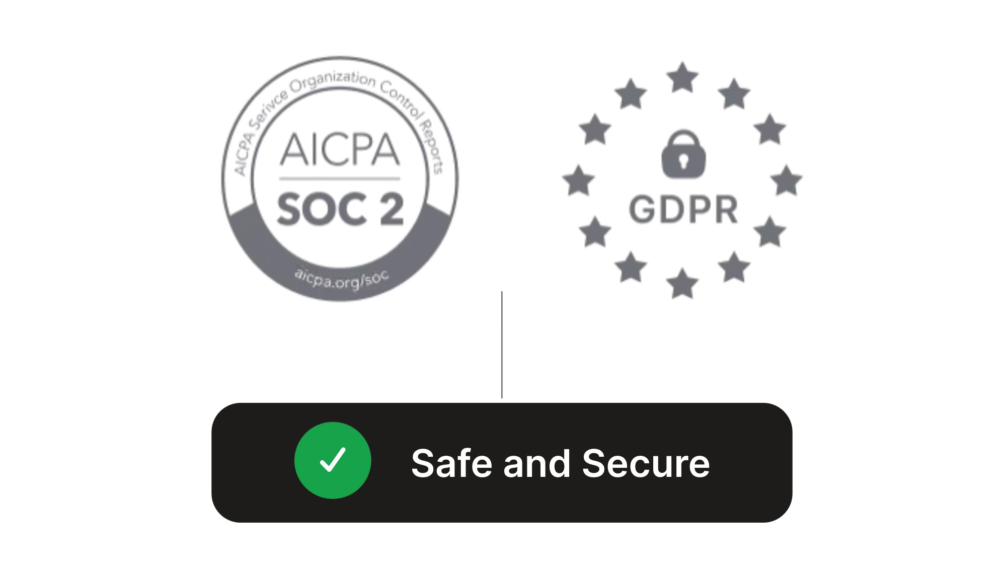Graphic highlighting Vinny’s compliance and security standards. On the left is the AICPA SOC 2 certification badge, and on the right is a GDPR compliance icon featuring a lock surrounded by stars. Below, a black bar with a green checkmark reads ‘Safe and Secure,’ indicating adherence to industry security requirements.