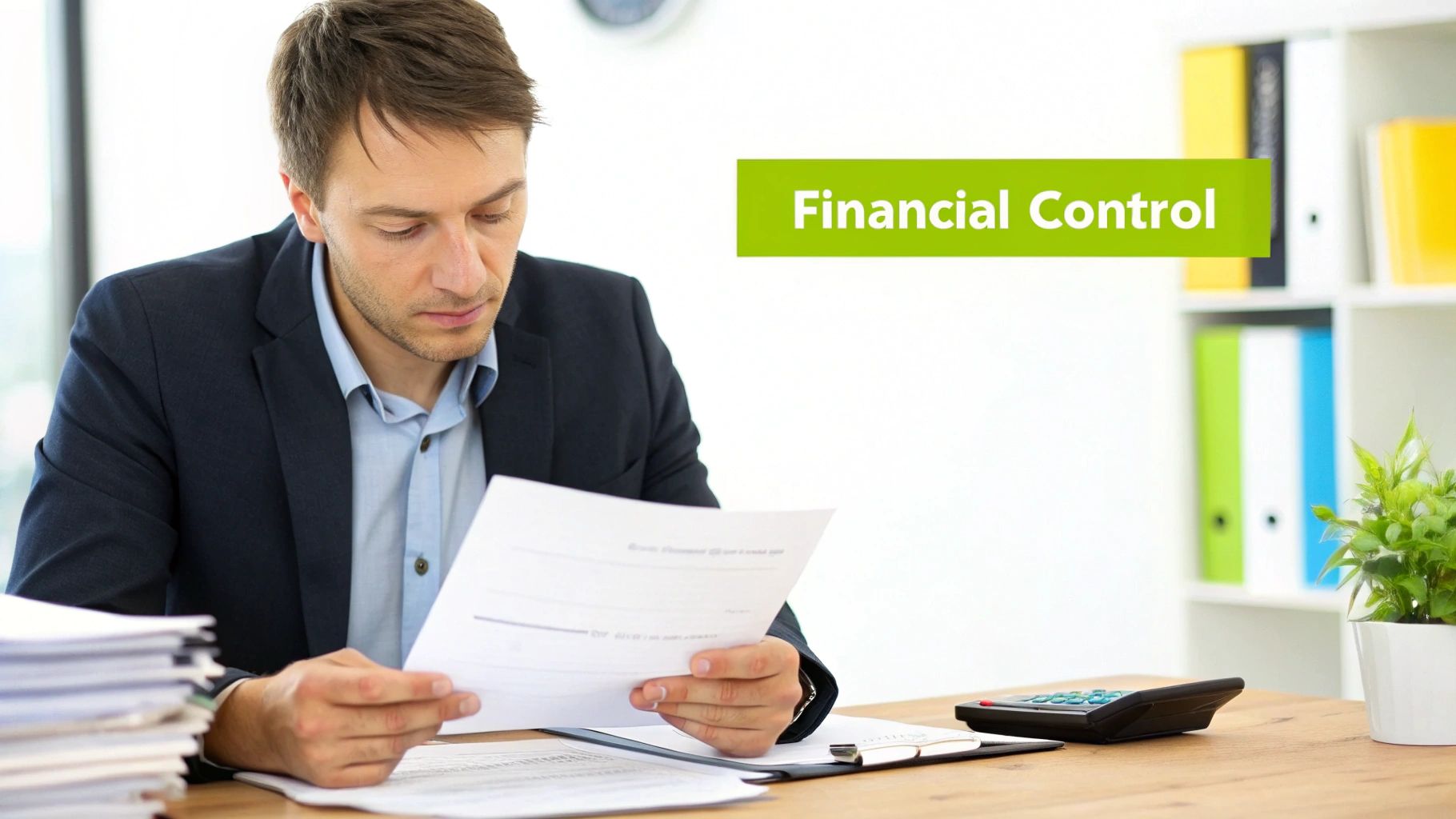 An overhead shot of a clean desk with financial documents, a calculator, and a pen, symbolizing control and organization.