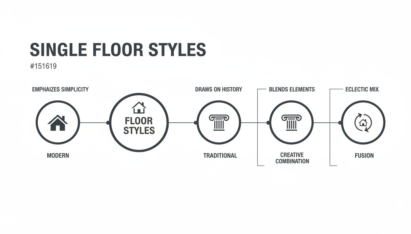A diagram showcasing single floor architectural styles from Modern, Traditional, Creative Combination, to Fusion, with defining characteristics.