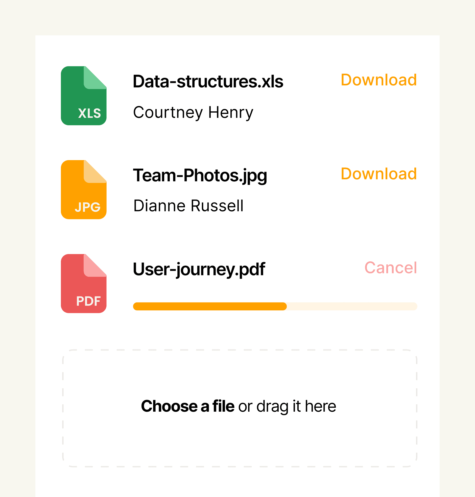 File upload interface showing documents with progress and download options