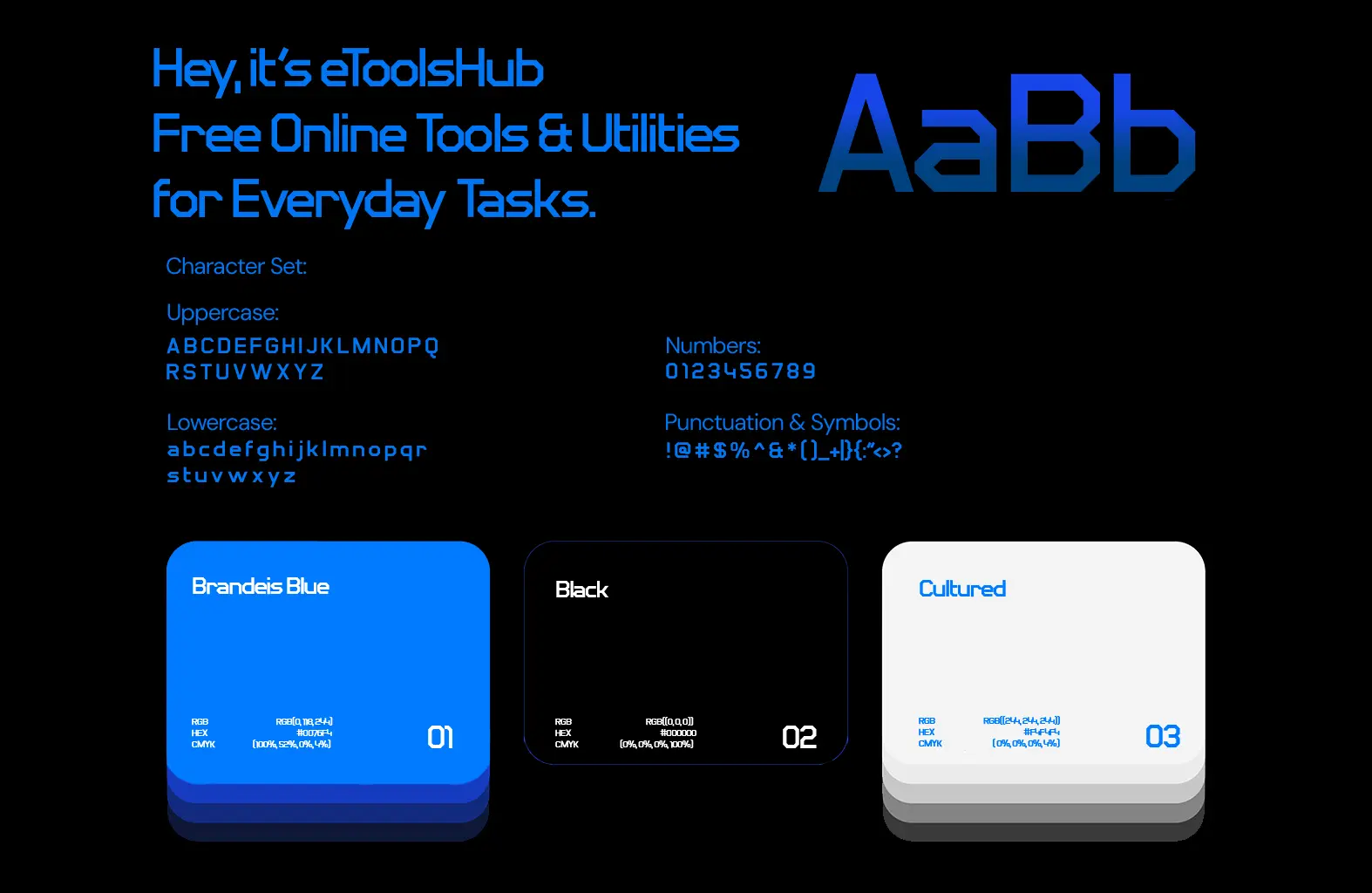 eToolsHub typography and color guidelines showing Brandeis Blue, Black, and Cultured white color swatches with font character set