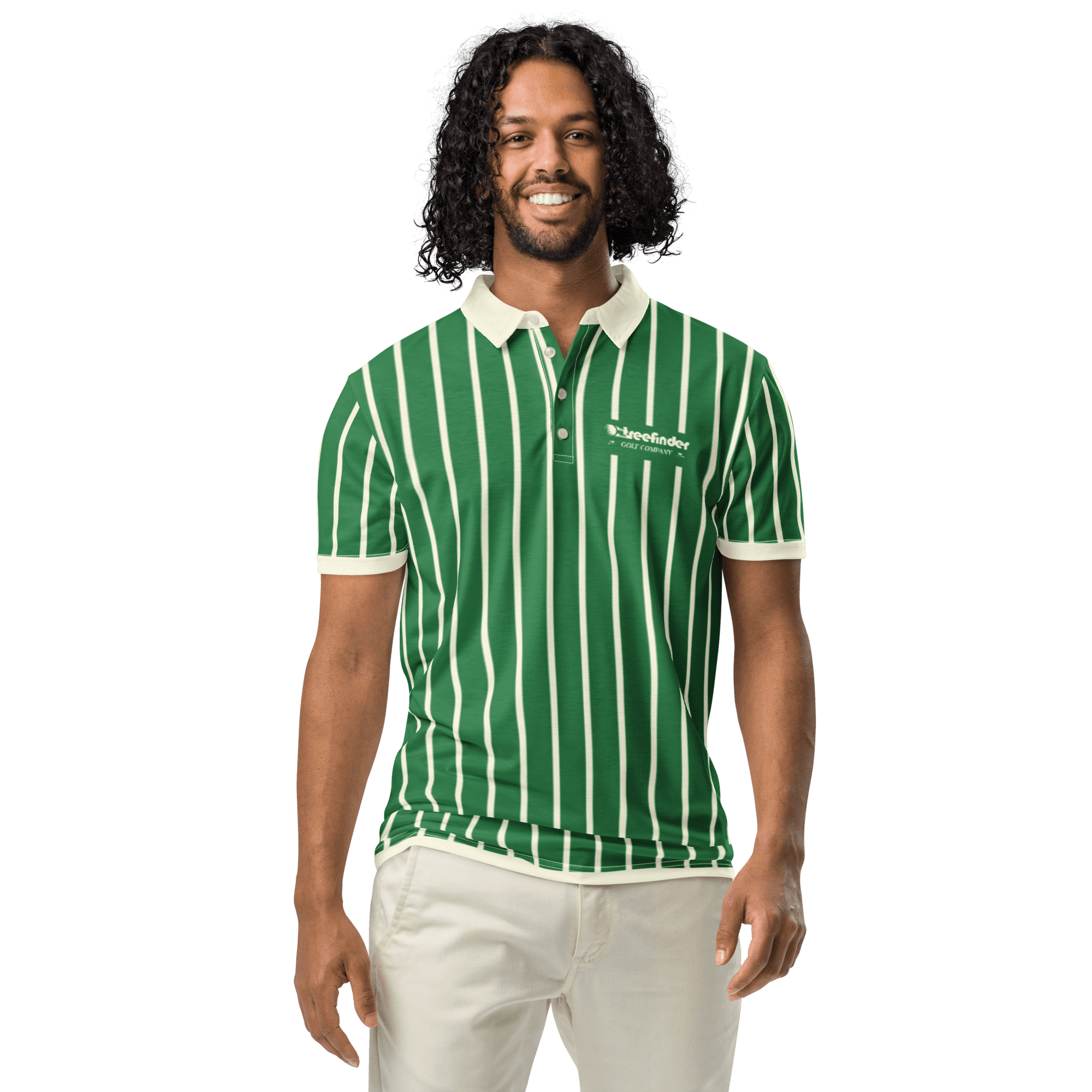 Graphic design mockup of man wearing golf polo shirt for Treefinder Golf Company — bold, wordmark style logo with decorative sans serif typography, designed by Will Lefkovich.