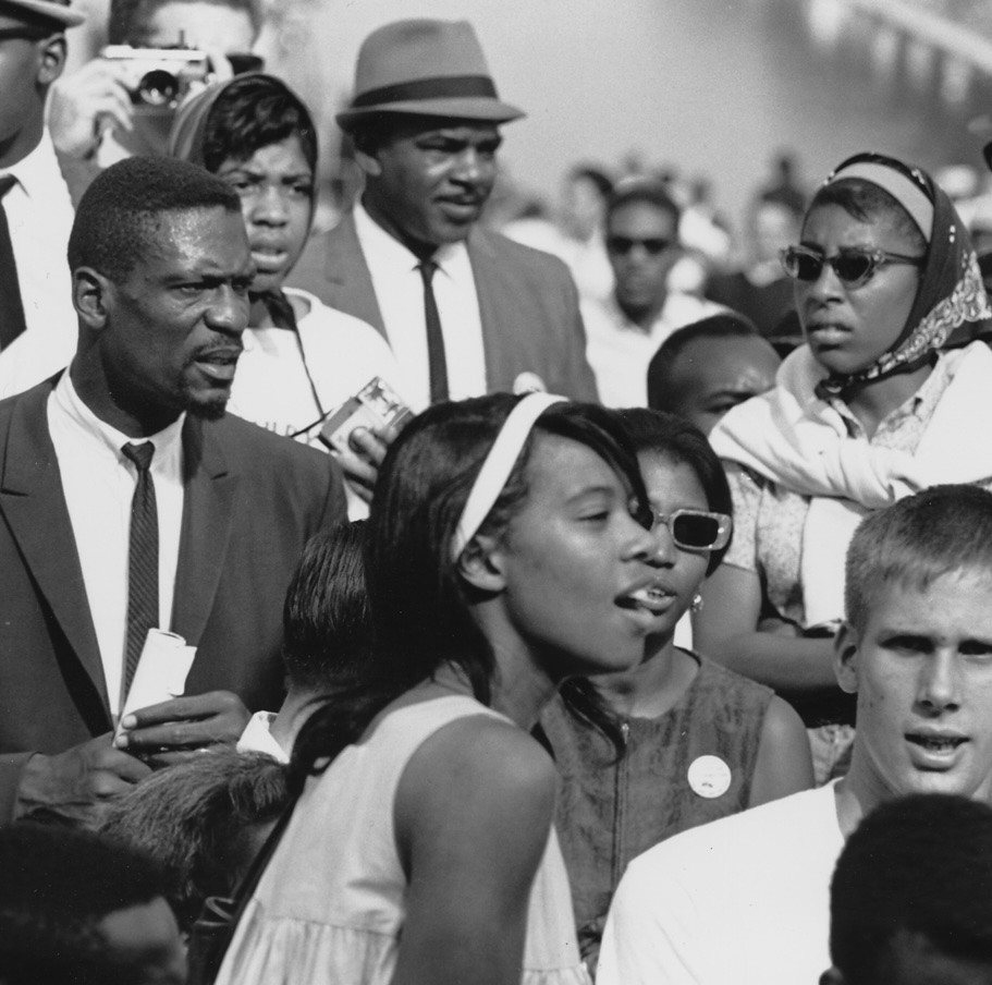 Crowd of people at the March on Washington. Black-and-white photo.