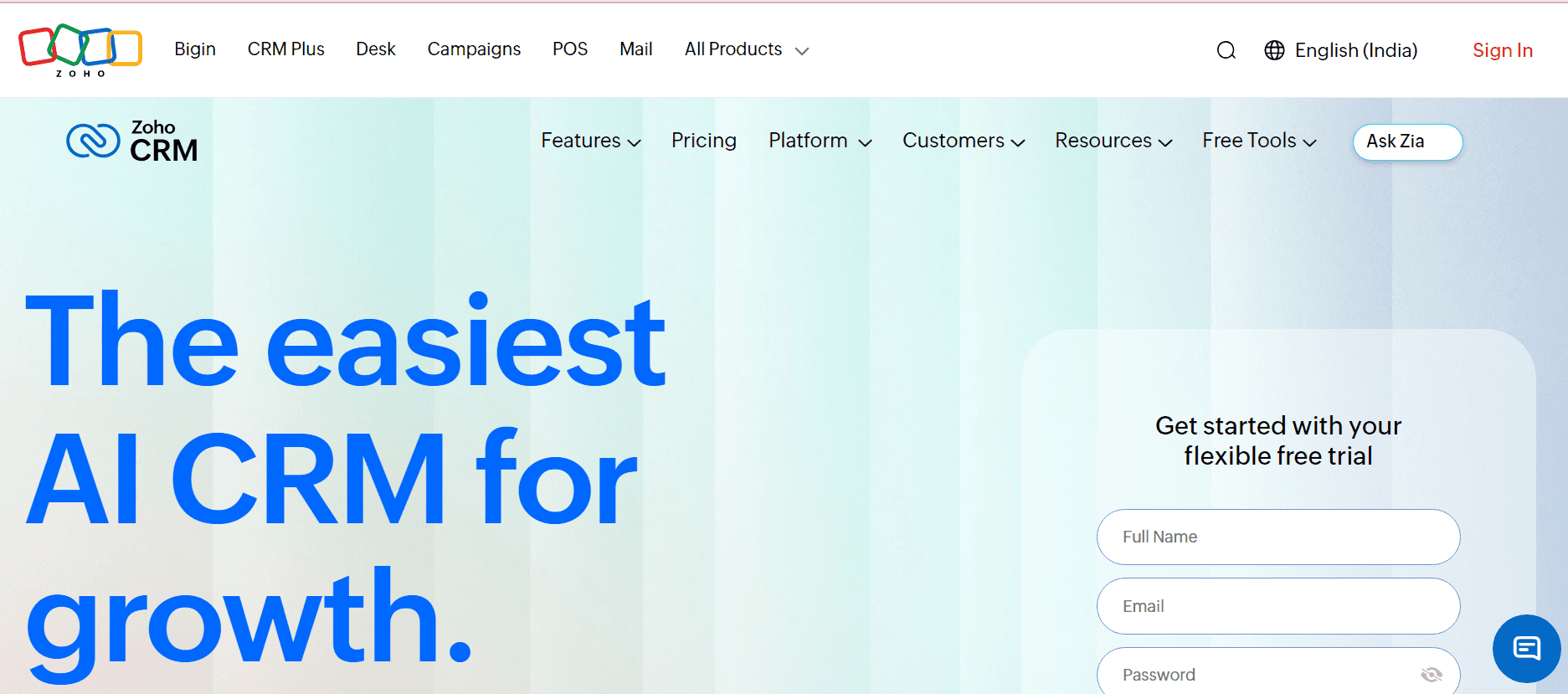Zoho CRM home