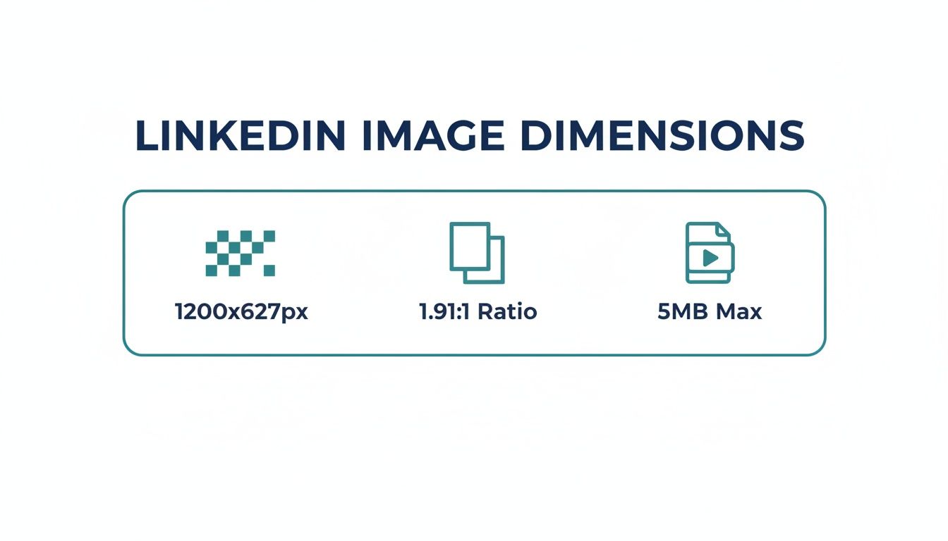 Infographic detailing recommended image dimensions for LinkedIn posts, including pixel size, aspect ratio, and maximum file size.