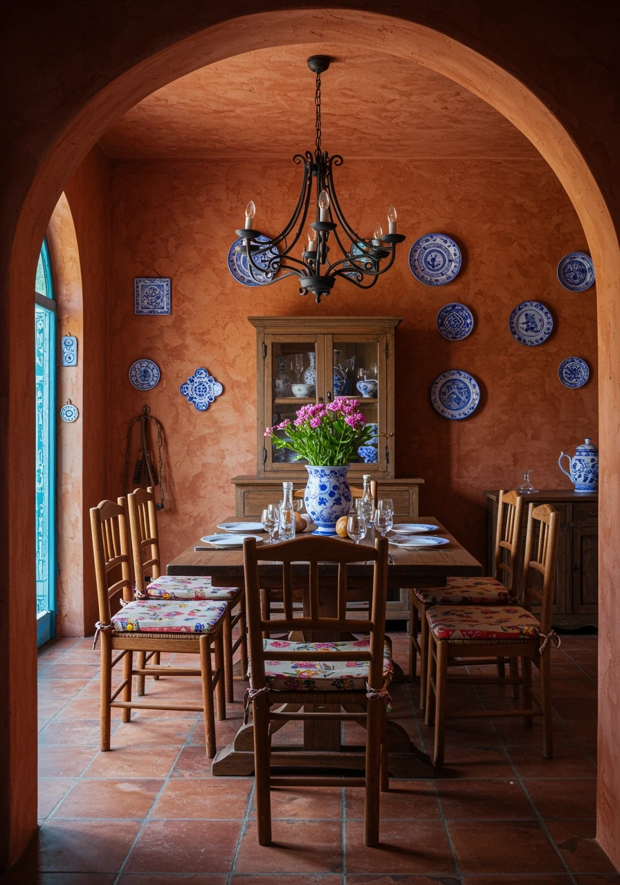 Mediterranean dining room with terracotta walls, rustic furniture, and colorful accents
