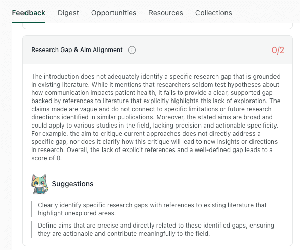 thesify Research Gap & Aim Alignment feedback showing a low score when the gap is not grounded in cited literature and the aims do not directly follow from the gap.
Image title: Research gap and aim alignment feedback in thesify