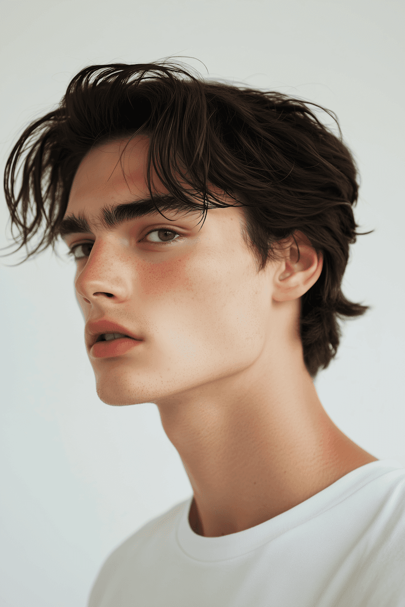 Profile of a young man with dark, textured hair looking off-camera against a light background.