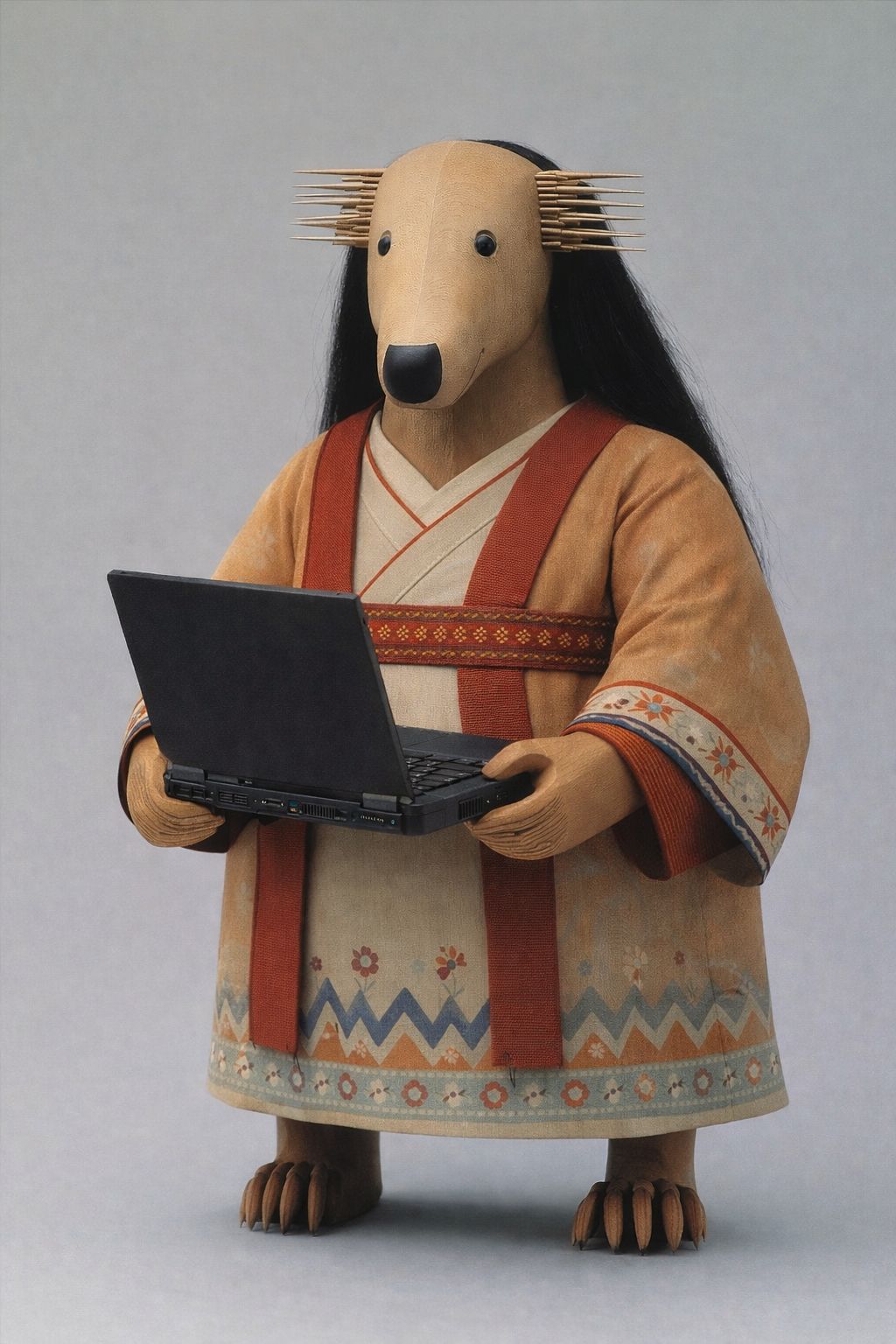 The image features a stylized figure with a unique, abstract design. The main subject appears to be a humanoid form with a wooden texture, wearing a blue robe.