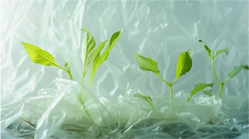 Green plant life sprouting through clear, engineered plastic film.