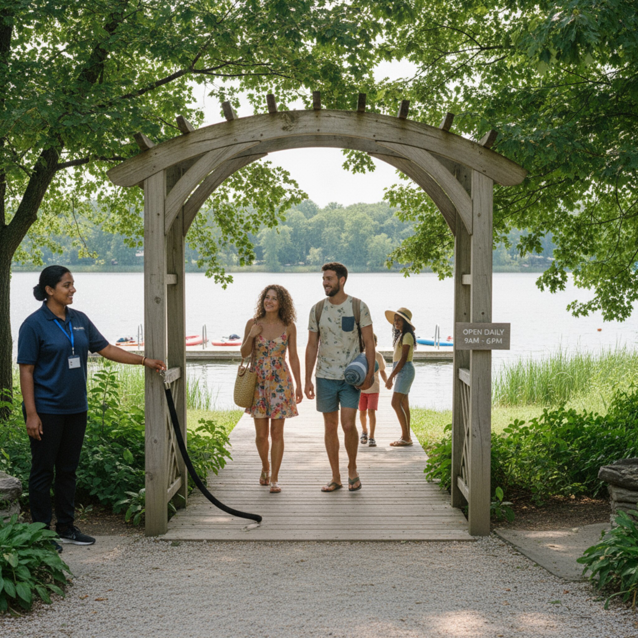 Am schattigen Eingangsbogen wartet eine kleine Gruppe, ein Mitarbeiter öffnet das Seil, um die nächsten Gäste zum Steg zu lassen. Ein hölzerner Weg führt Richtung Wasser, auf einer Tafel stehen Öffnungszeiten. Das Setting wirkt aufgeräumt, freundlich und klar strukturiert.