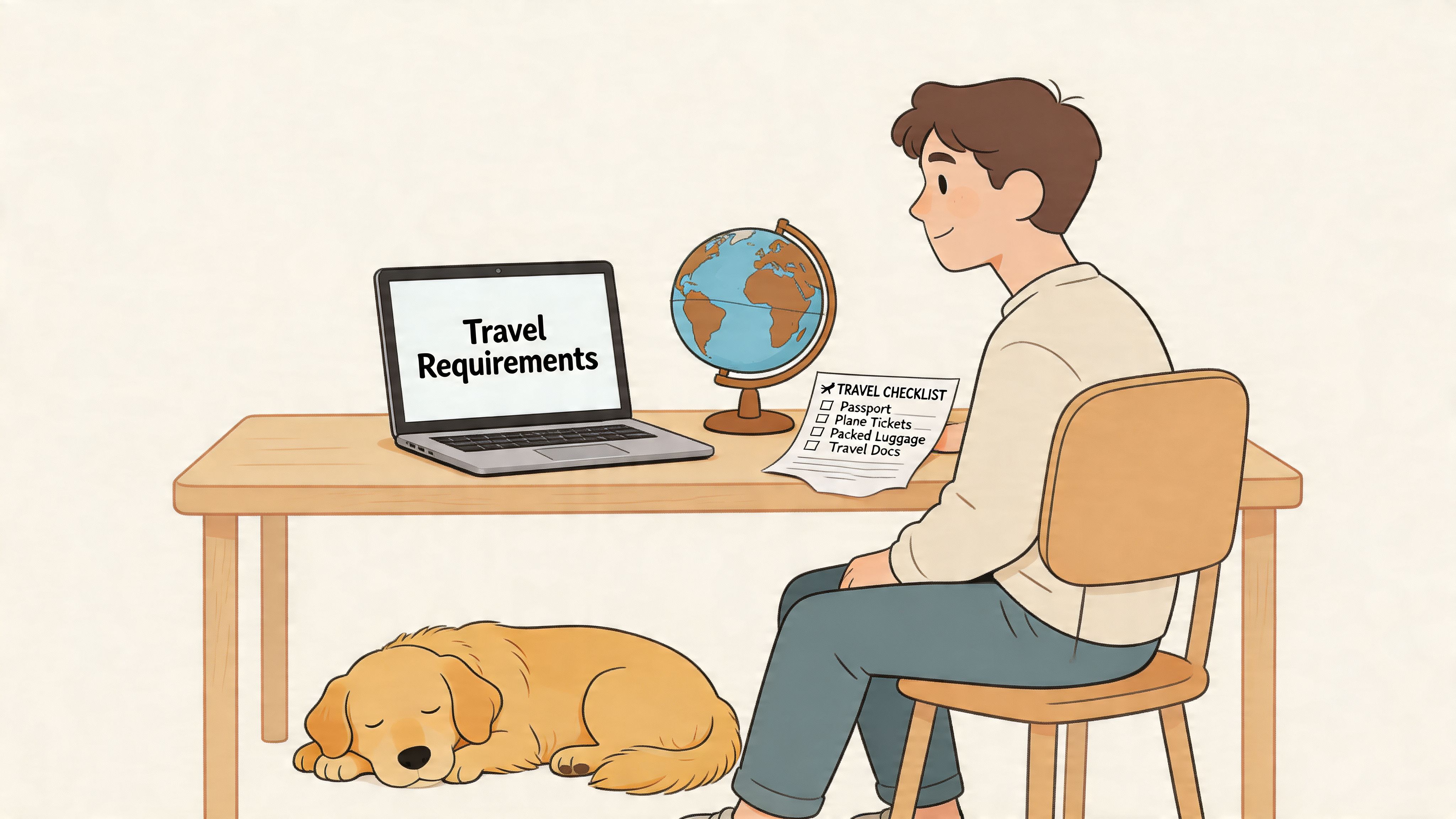 A young man sitting at a desk planning travel with a dog sleeping at his feet.