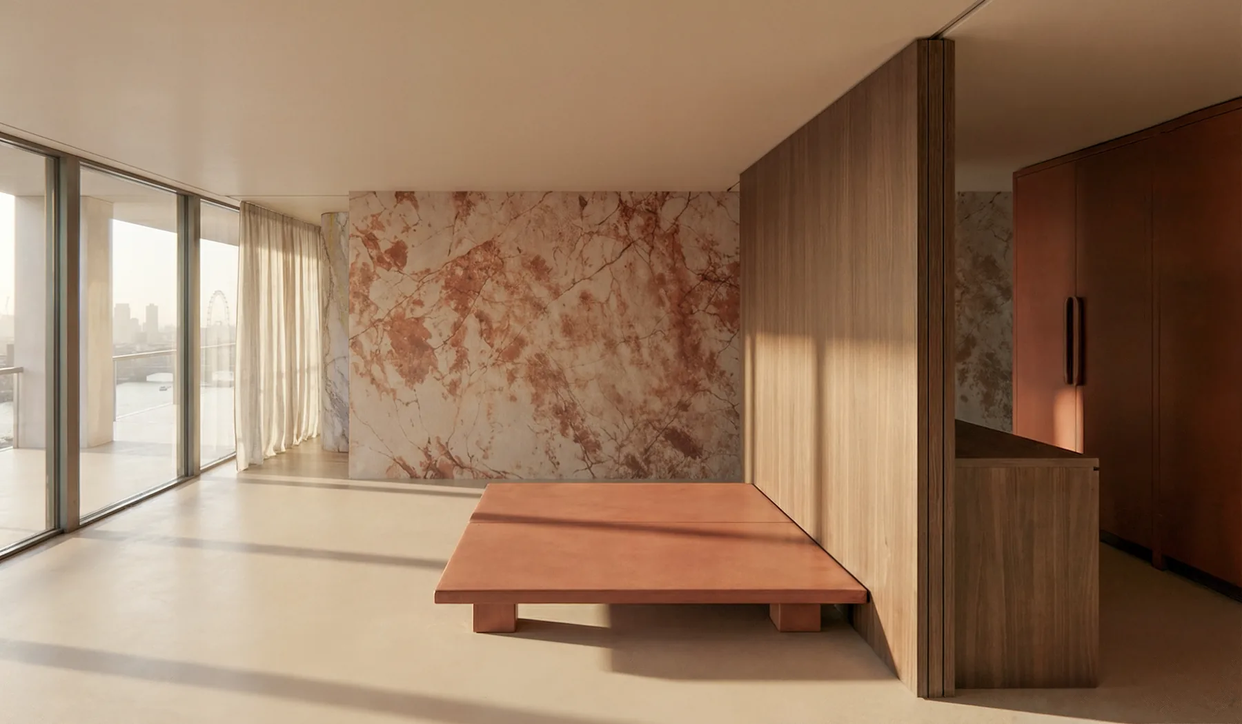 Interior living space with river views through floor-to-ceiling glazing