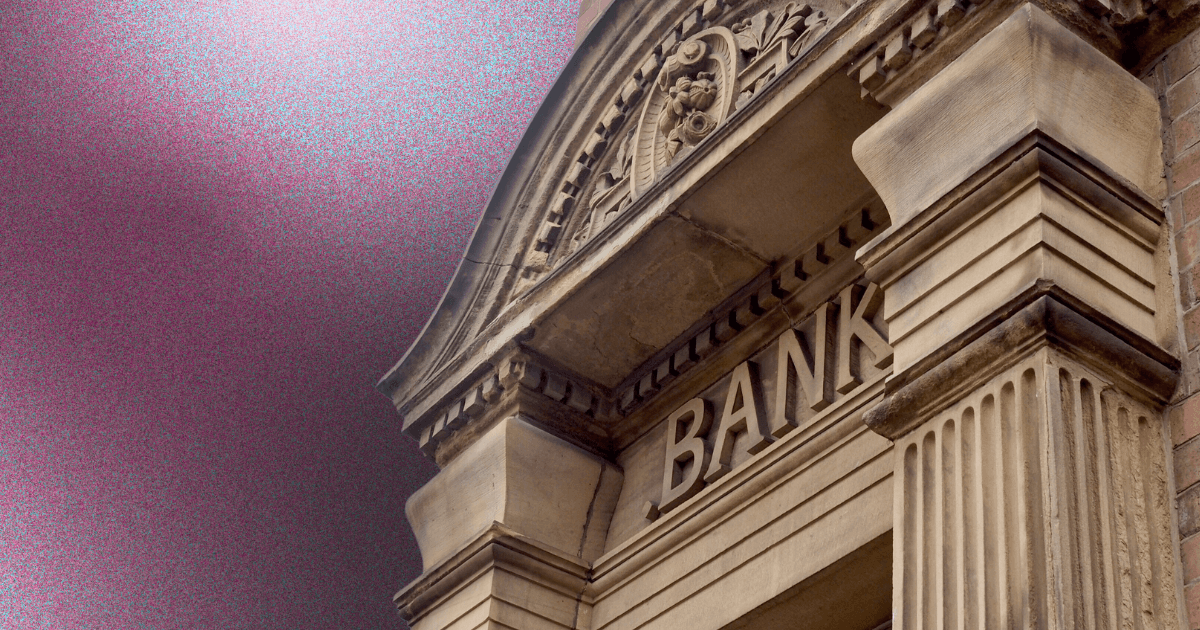 A bank on a purple background