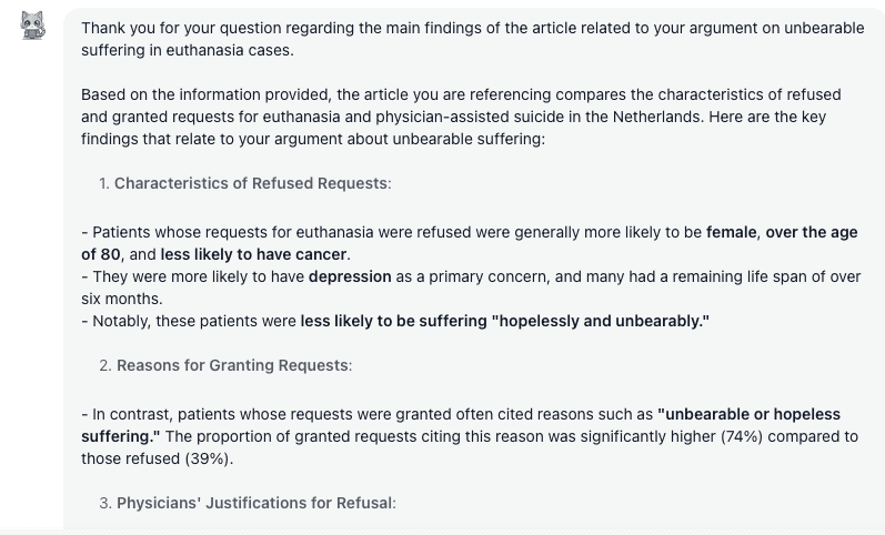 An AI chat response summarizing the key findings of a study on euthanasia, distinguishing between refused and granted requests.