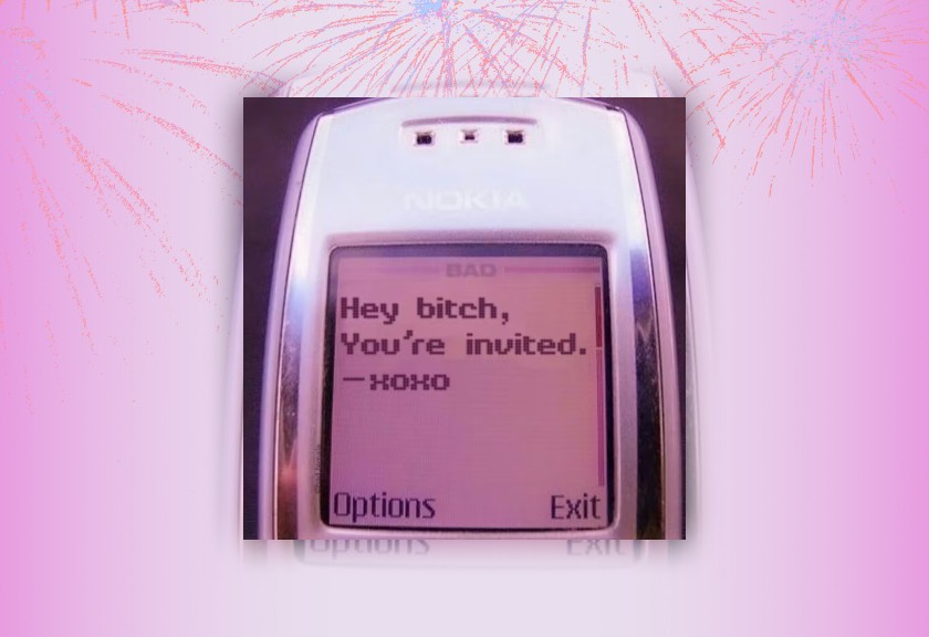 A futuristic, holographic-themed invite with neon blue and purple tones, pixel-like graphics, and techno-style design elements.