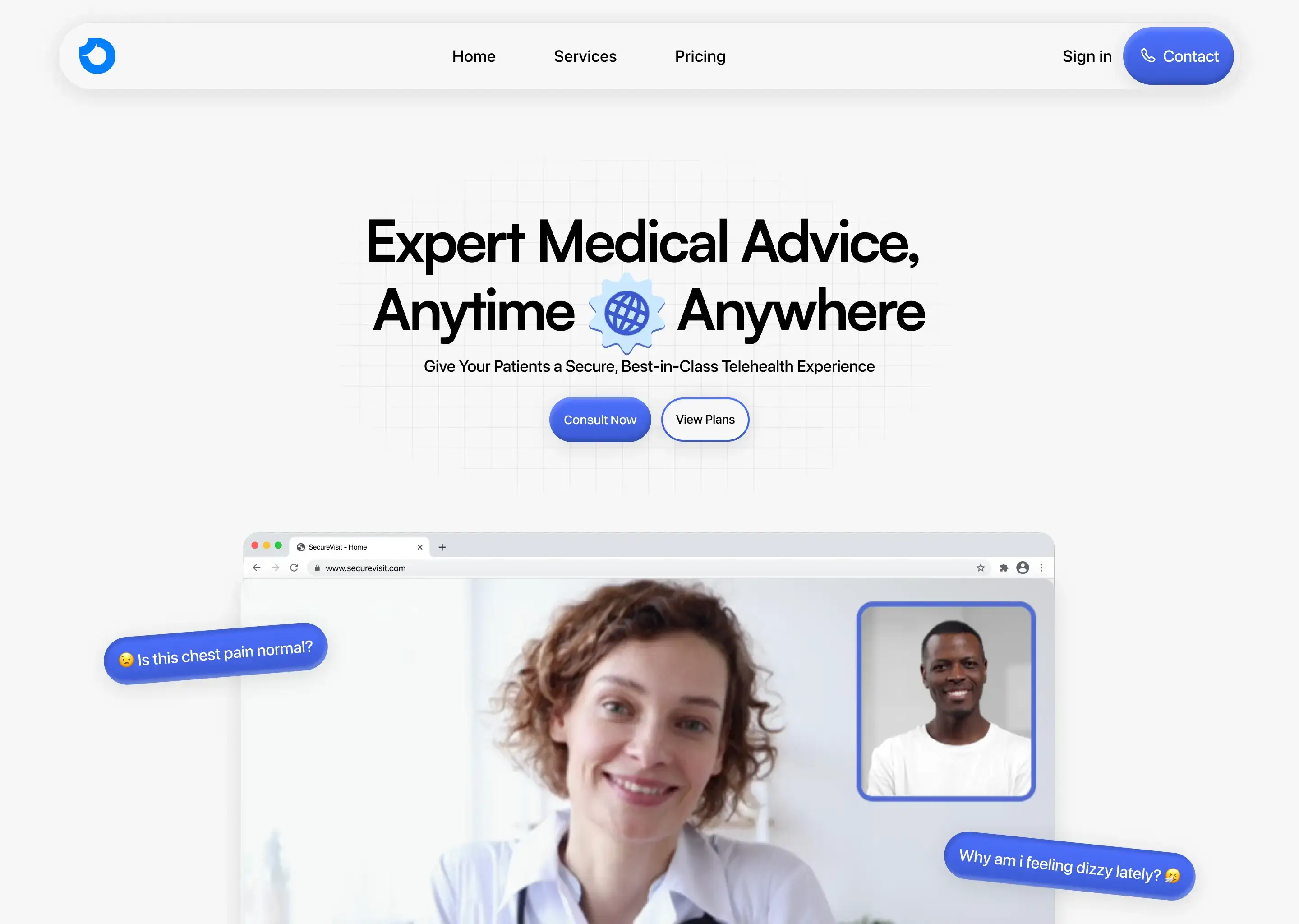 SecureVoIP website homepage showing a doctor and patient in a video consultation. Headline: Expert Medical Advice, Anytime, Anywhere.