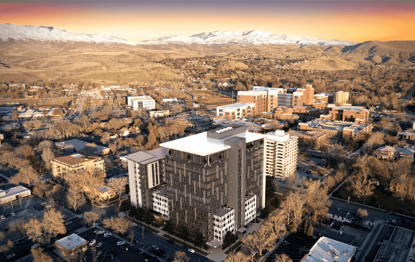 View of The Bannock building with sunset behind