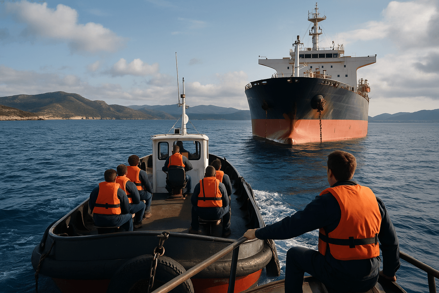 A small boat carrying individuals approaches a larger ship on calm waters under a blue sky.