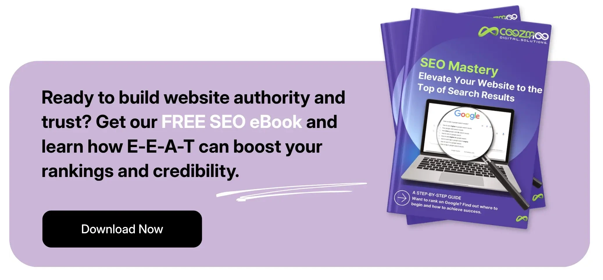 a call-to-action of Coozmoo's SEO Mastery Ebook