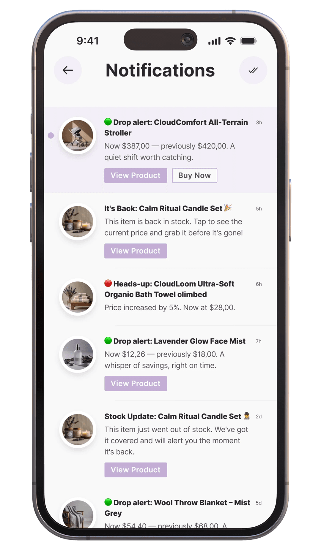 A smartphone screen shows the Whisprice Notifications hub with a list of product alerts, including price drop notifications, price increase updates, and back-in-stock messages, each with quick actions like “View Product” and “Buy Now.”
