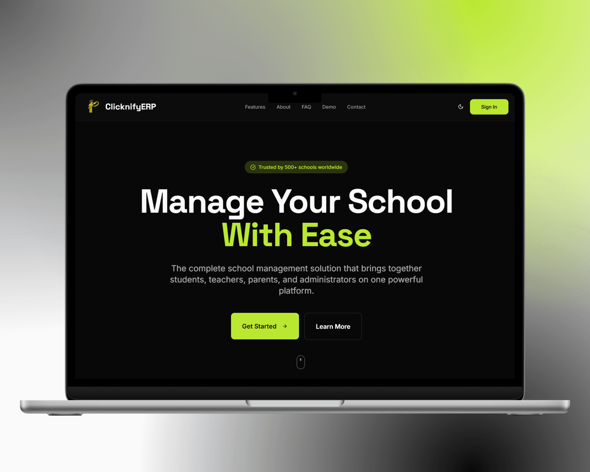 School Management Software open in Mackbook Air M2 laptop with radial Glass effect at background.