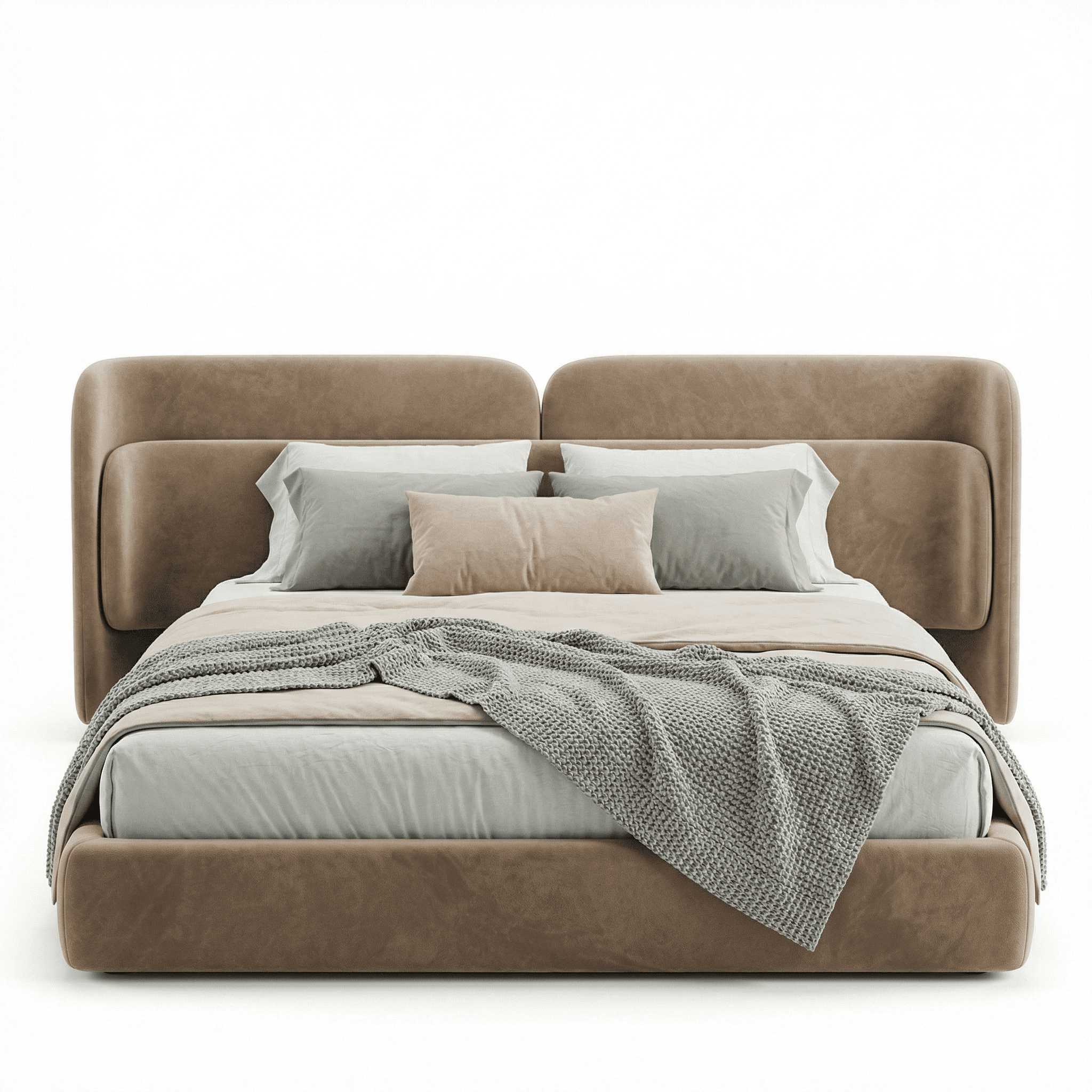 Fully upholstered bed with cushioned headboard, deep frame depth, and soft silhouette
