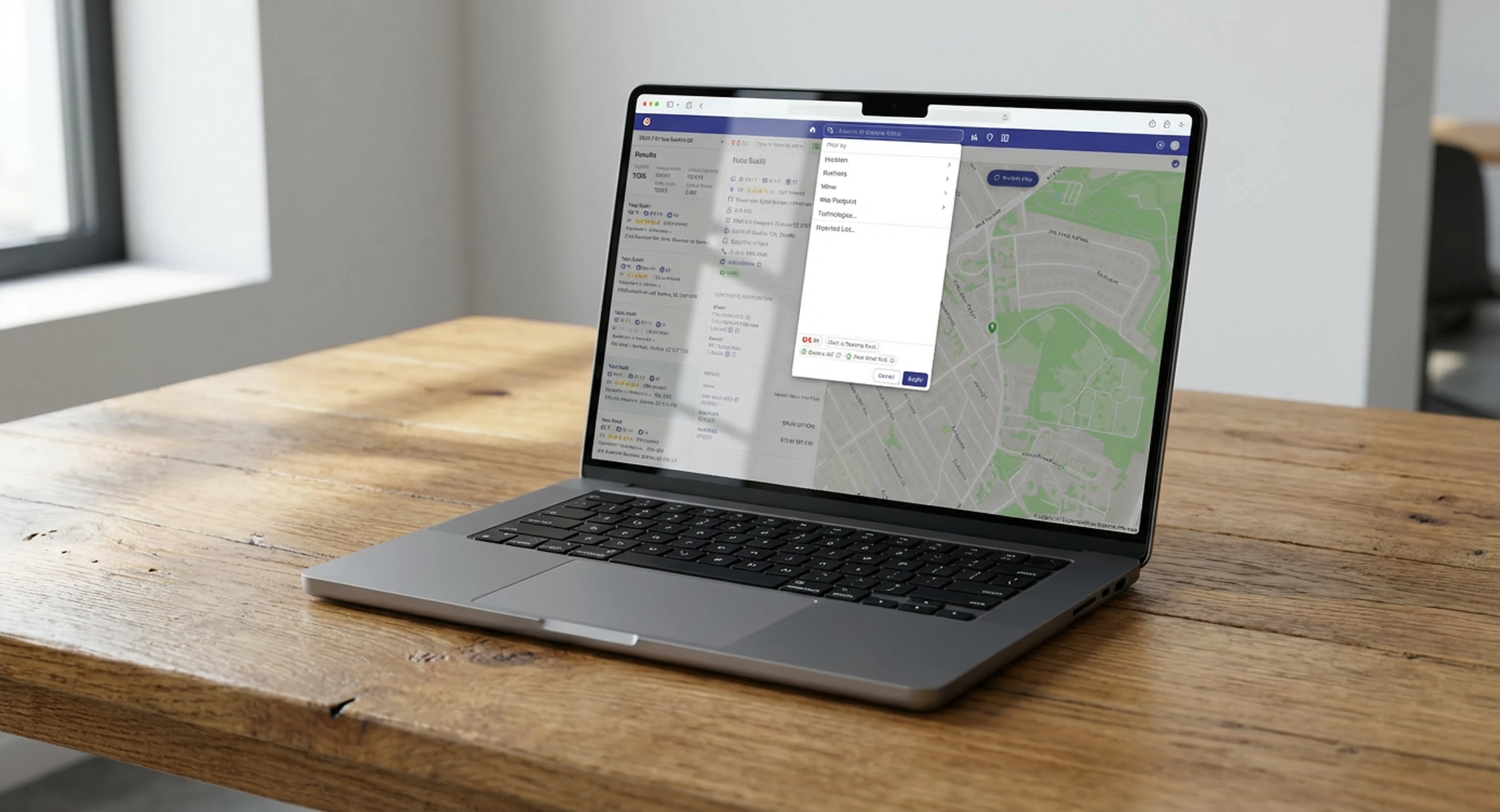 Laptop on a wooden desk displaying a web application interface with a map and search filters open on the screen.