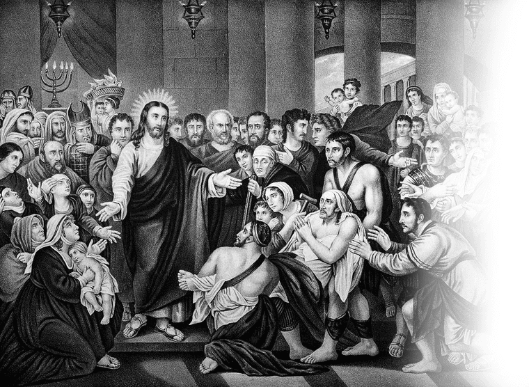 Crowds gather as Christ heals sick people. Lithograph after Benjamin West. Wellcome Collection. Source: Wellcome Collection.