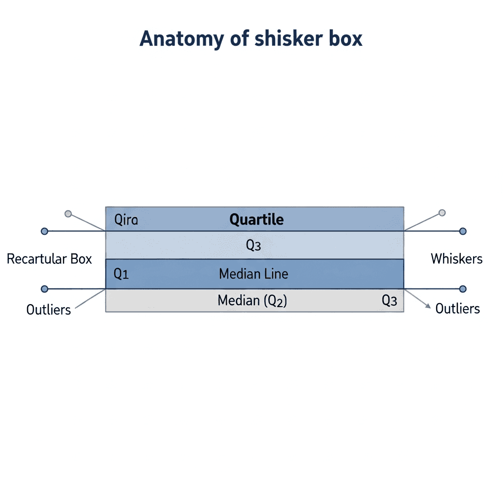 A clean, educational diagram showing the anatomy of a box and whisker plot with labeled components: a rectangular box with quartile sections, a median line through the middle, whiskers extending from both ends, and small circular dots beyond the whiskers representing outliers. Modern data visualization style with blue and gray tones, minimal background, technical illustration aesthetic.