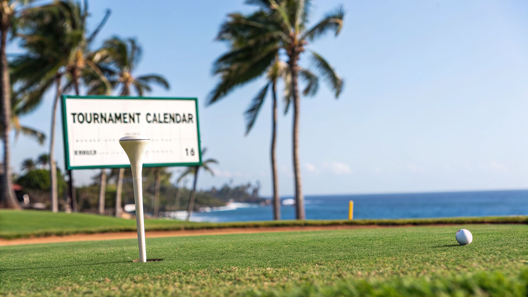 Golf course tee box with a tournament calendar sign, a tee, a golf ball, palm trees, and ocean views.