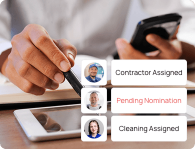Person using a smartphone to assign jobs with cards showing “Contractor Assigned” and “Pending Nomination,” symbolising contractor selection workflow.