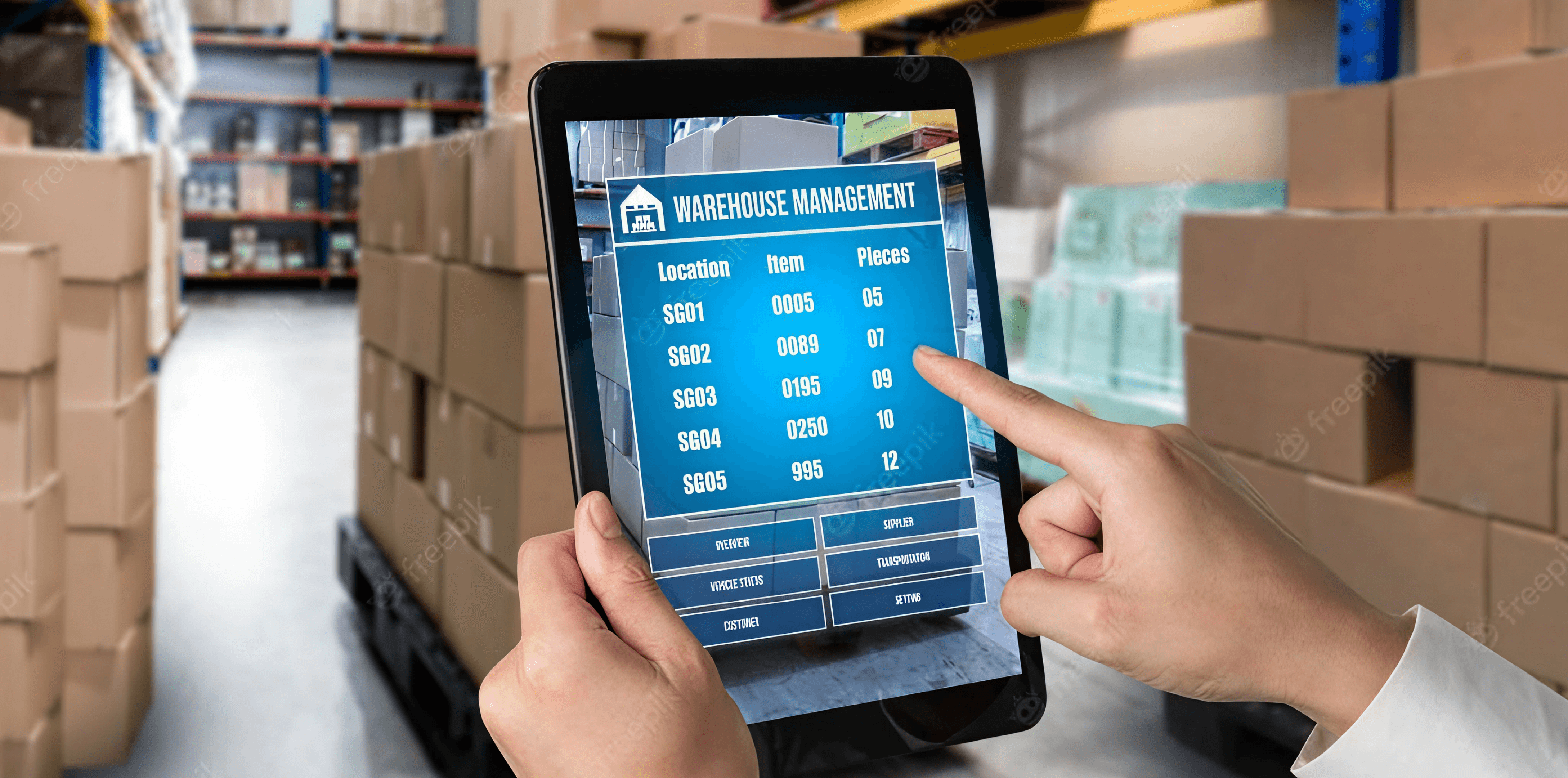 Pharmacist using digital inventory management software on tablet to track warehouse stock in pharmacy